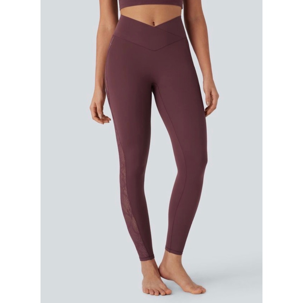 Halara Crossover High Waisted Lace Patchwork 7/8 Leggings Plum Purple Large NEW